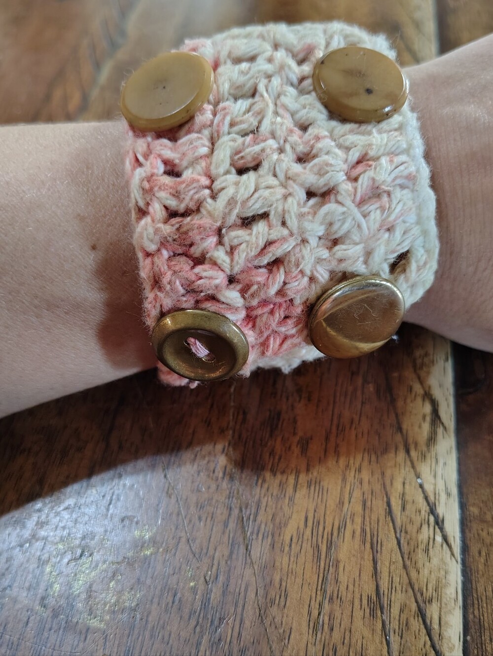 Handmade Crocheted Cotton Bracelet Cuff in Cream And Peach